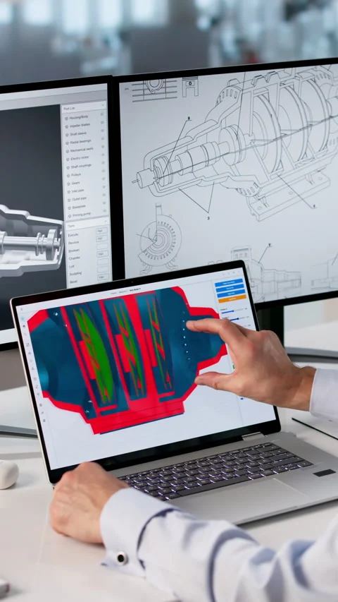 Engineer Carefully Designing Turbine Model On Laptop Stock Footage 334538711