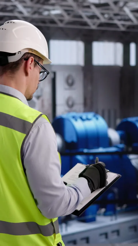 Engineer Carefully Inspects Gas Turbine Machine Ensuring Power Plant Runs Stock Footage 333399375