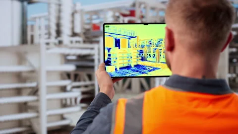 Engineer Carefully Inspects Industrial Pipeline For Energy Leaks Stock Footage 332495719