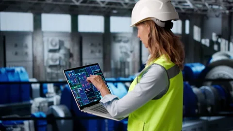 Engineer Carefully Inspects Power Plant Engine Using Laptop Stock Footage 336374234