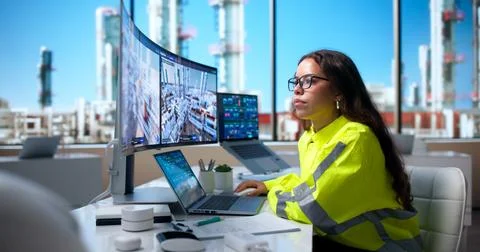 Engineer Carefully Monitors 3D Digital Twin On Laptop For Plant Safety. Stock Photos