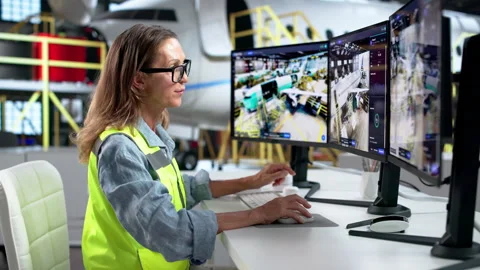 Engineer Carefully Monitors 3D Twin Simulation Stock Footage 346325394