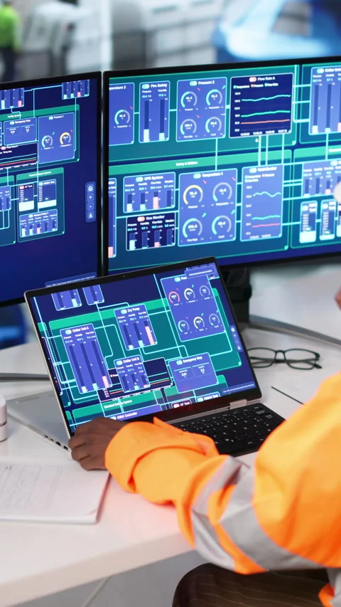 Engineer Carefully Monitors Hydropower System Data Using Laptop Stock Footage 337228650