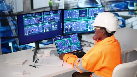 Engineer Carefully Monitors Hydropower System Data Using Laptop Stock Footage 338172796