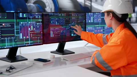 Engineer Carefully Monitors Multiple Screens Controlling Power Plant Stock Footage 333399579