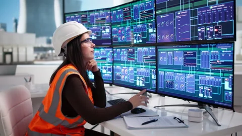 Engineer Carefully Monitors Nuclear Power Plant’s SCADA System Stock Footage 339174984