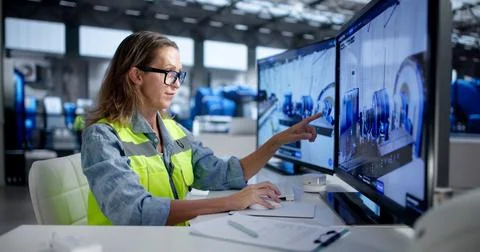 Engineer Carefully Monitors Power Plants Real-time SCADA System Operation. Foto stock