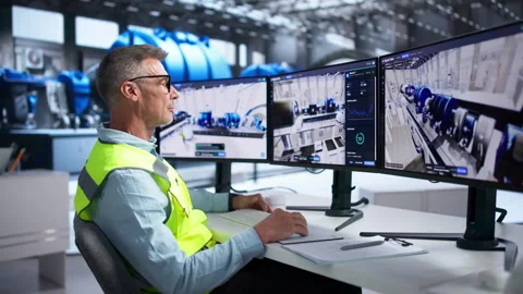Engineer Carefully Monitors Real-time SCADA System Stock Footage 345318914