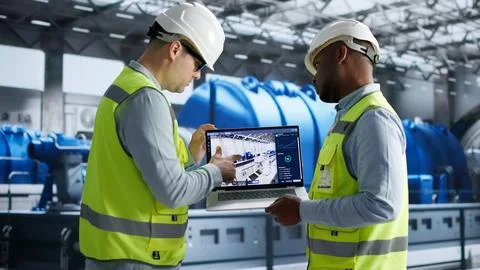 Engineer Carefully Monitors Real-time 3D Simulation Of Power Plant Automation Stock Photos