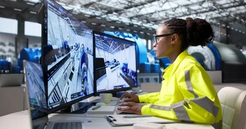 Engineer Carefully Monitors Real-time SCADA Data On Laptop For Power Plant Au 库存照片