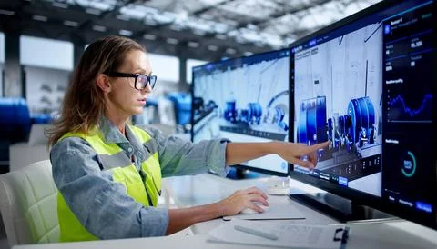 Engineer Carefully Monitors Real-time SCADA System Controlling Power Plant Tu 库存照片