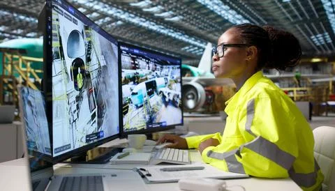 Engineer Carefully Monitors Real-time 3D Aircraft Simulation For Maintenance  Stock Photos