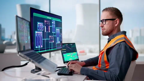 Engineer Carefully Monitors SCADA System Controlling Nuclear Power Plant Stock Footage 330582033