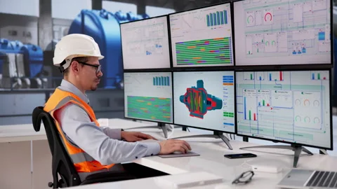 Engineer Carefully Monitors Software Systems Controlling Gas Turbine Stock Footage 331517750