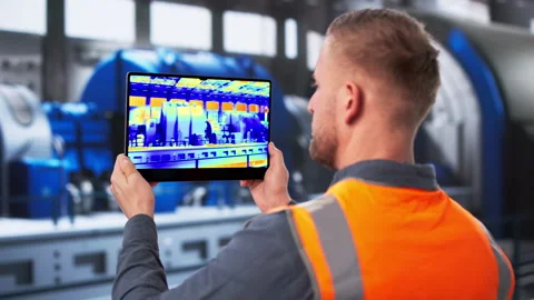 Engineer Carefully Monitors Turbine Machine Stock Footage 331152007