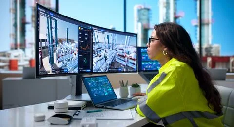 Engineer Carefully Watches 3D Digital Twin On Laptop Ensuring Plant Safety. 库存照片