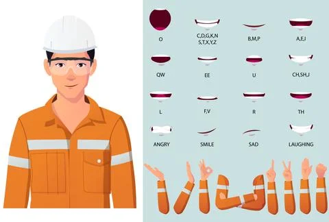 Engineer Character Face Gestures, Hand Animation and Lip Syncing Design Kit Stock Illustration