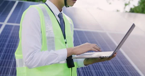 Engineer check data from the sensor of solar cells panel Stock Footage 159047526