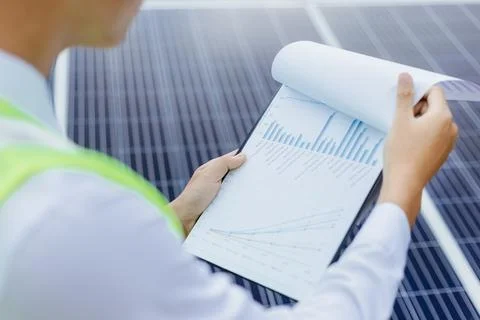 Engineer check data from the sensor of solar cells panel Stock Photos