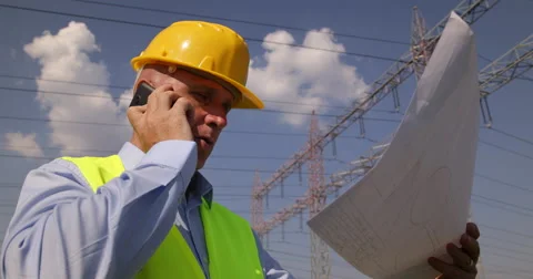 Engineer Check Electrical Systems Talk Mobile Phone Man Inspect Examining Plans Video stock 50058830