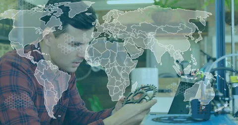 Engineer checking bicycle gear on laptop map overlay emerging hex data tapping Stock Footage 312005942