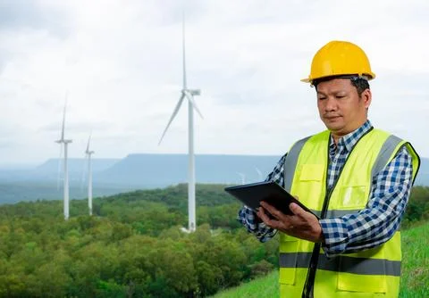 Engineer checking control electric power, Engineer man working with tablet .. Stock Photos