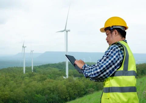 Engineer checking control electric power, Engineer man working with tablet .. Stock Photos