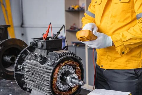 Engineer Checking DC Motor, Technician Man in Garage check inspecting servi.. 写真素材