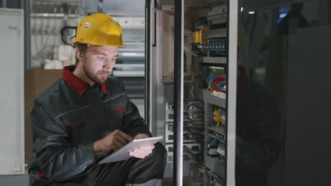 Engineer Checking Electric Panel At Factory 스톡 동영상 147328936