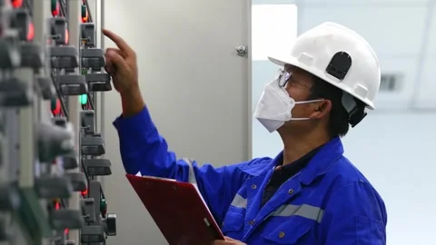 Engineer Checking Electrical Cabinets in Industrial Plant Stock Footage 246437262