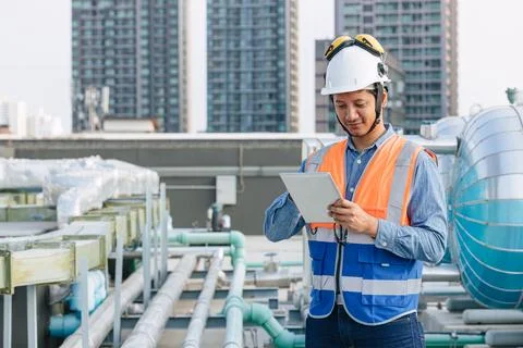 Engineer checking gas pipe watering system, professional worker service tea.. Foto stock