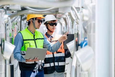 Engineer checking gas pipe watering system, professional worker service tea.. Foto stock