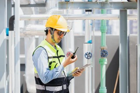 Engineer checking gas pipe watering system, professional worker service tea.. Foto stock