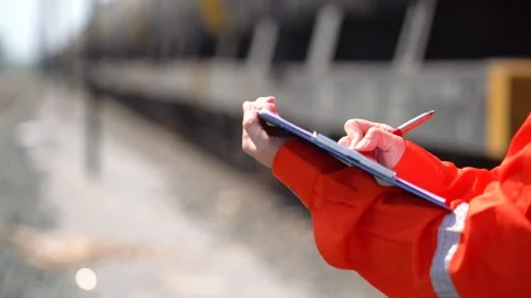 An engineer is checking heavy machine checklist form during inspecting job. Stock Footage 308180124