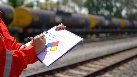 An engineer is checking heavy machine checklist form during inspecting job. Stock Footage 308180152