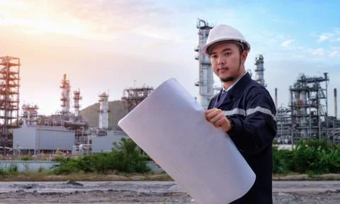 The engineer is checking a layout with large industry background. Stock Photos