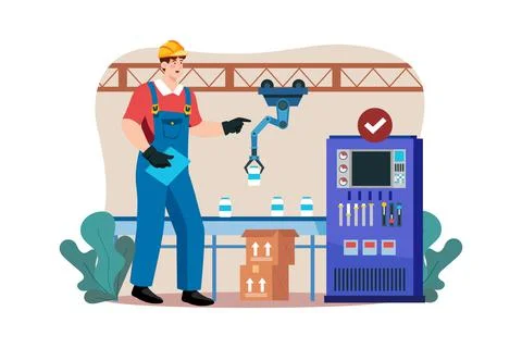 Engineer Checking Packaging Automation Process Illustrazione stock