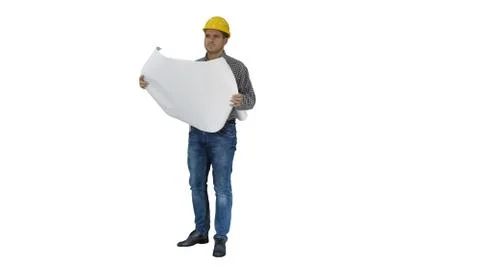 Engineer checking plan on construction site on white background. Foto stock
