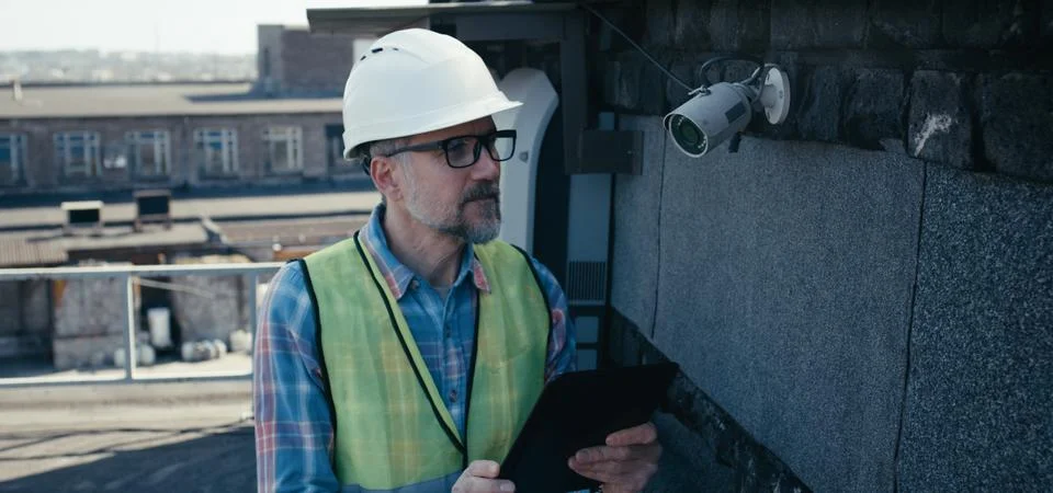 Engineer checking security camera using tablet Foto stock