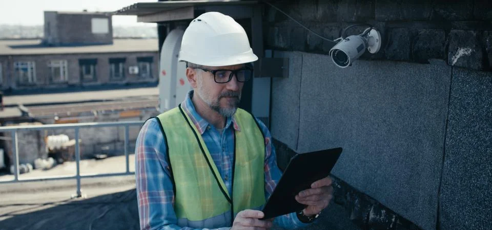 Engineer checking security camera using tablet 스톡 사진