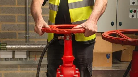 Engineer checking water supply pump on red valve for sprinkler system Stock Photos