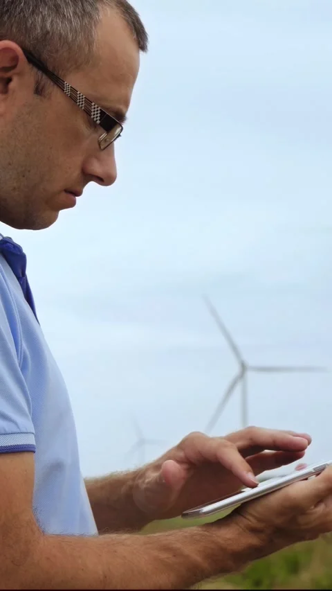 Engineer checks data on tablet outdoors. Wind turbines spin in background Stock Footage 341867738