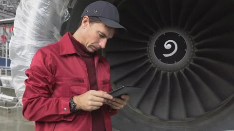 Engineer checks the engine of the aircraft. The repair of aircraft in the hangar Stock Footage 98008803