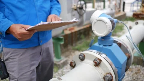 An engineer checks fluid flow accuracy in a chemical plant by reading a flow tra Video stock 310568750
