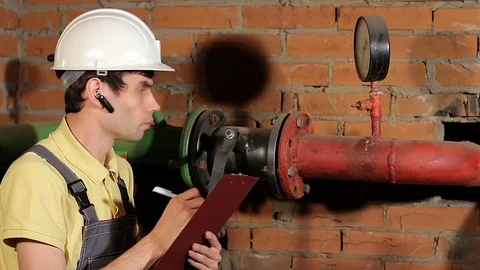 The engineer checks the manometer reading. The worker records the readings of Stock Footage 76260398