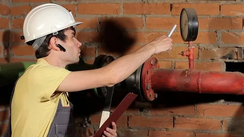 The engineer checks the manometer reading. The worker approves the readings of 스톡 동영상 76260473
