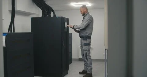 Engineer checks power system in modern factory using tablet computer Foto stock