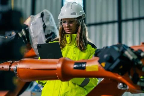 Engineer checks robotic systems in modern industrial facility during daytime Stock Photos