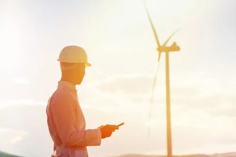 Engineer checks Wind Turbine system with a tablet. Alternative Energy. Wind farm Stock Photos