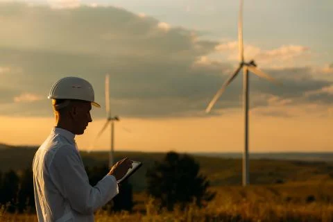 Engineer checks Wind Turbine system with a tablet. Alternative Energy. Wind farm Stock Photos